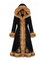 Women’s Black Embroidered Long Coat with Faux Fur Hood | Luxury Winter Coat