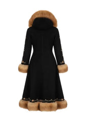 Women’s Black Embroidered Long Coat with Faux Fur Hood | Luxury Winter Coat
