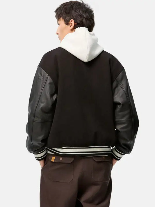 Men’s Black Varsity Jacket with Leather Sleeves