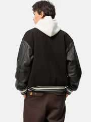 Men’s Black Varsity Jacket with Leather Sleeves