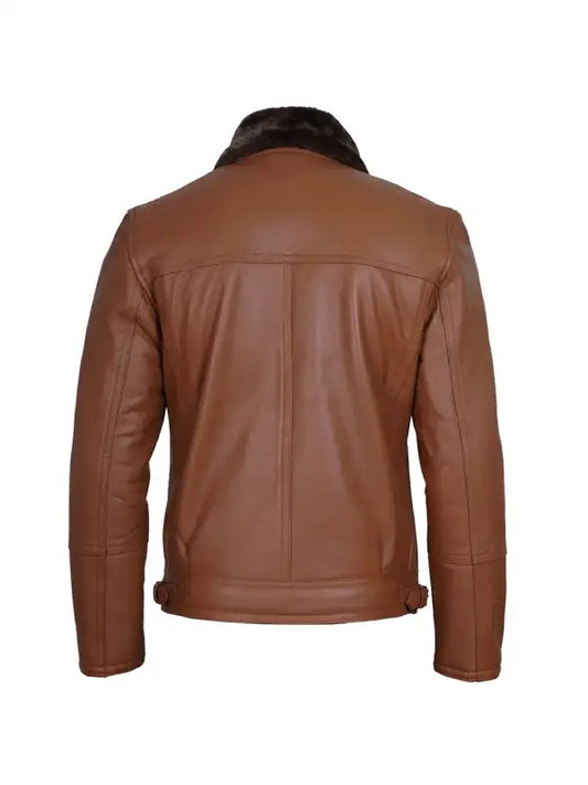 Men’s Cognac Leather Shearling Moto Jacket with Faux Fur Collar