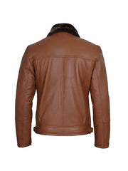 Men’s Cognac Leather Shearling Moto Jacket with Faux Fur Collar