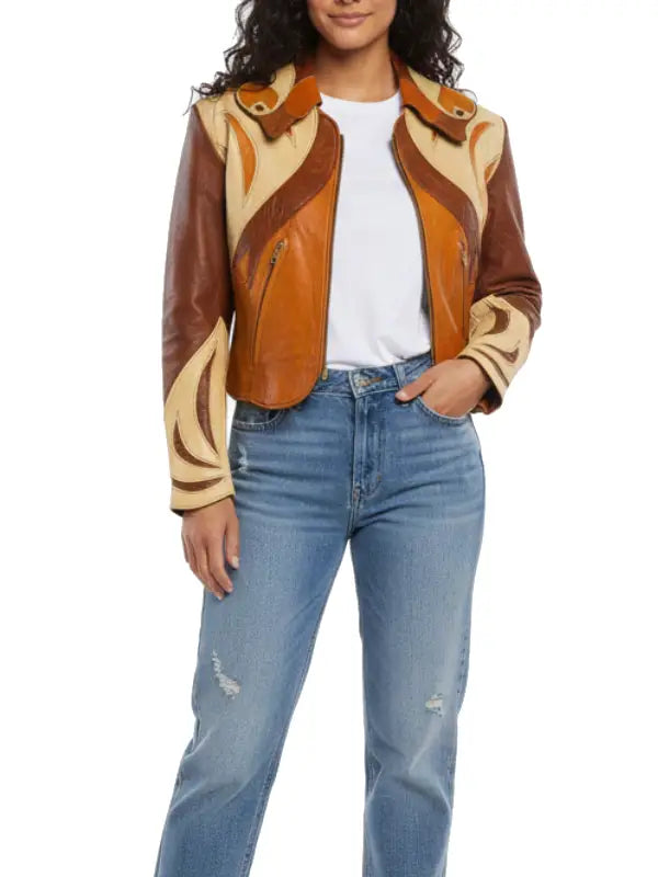 Women’s Two-Tone Leather Jacket with Western Flame Panels | Cropped Statement Jacket
