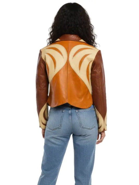 Women’s Two-Tone Leather Jacket with Western Flame Panels | Cropped Statement Jacket