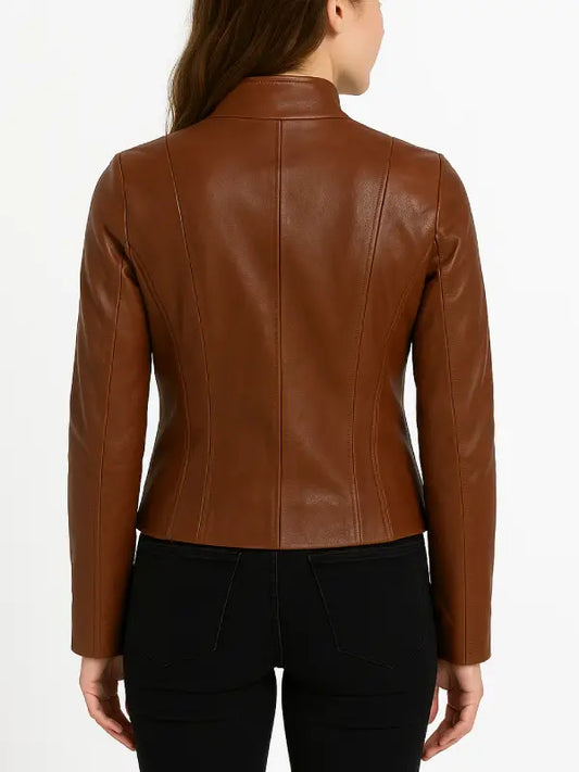 Women’s Tan Asymmetrical Leather Jacket with High Collar, Fitted Biker Style