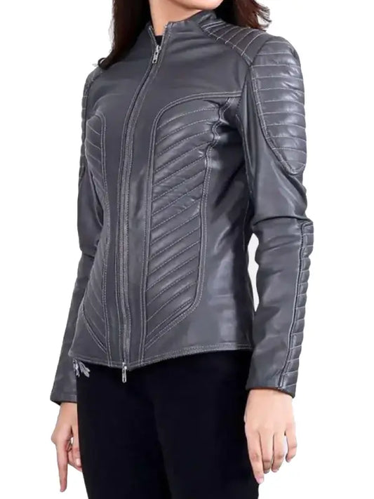 Women’s Gray Slim Fit Quilted Leather Biker Jacket