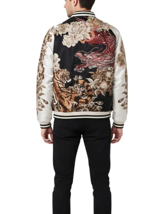 Japanese Sukajan Tiger & Dragon Embroidered Satin Bomber Jacket