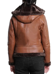 Women’s Cognac Shearling Hooded Leather Bomber Jacket