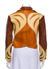 Women’s Two-Tone Leather Jacket with Western Flame Panels | Cropped Statement Jacket