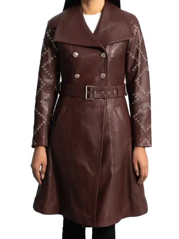 Women’s Brown Leather Trench Coat with Belted Waist and Studded Sleeves