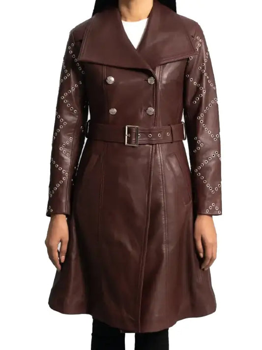 Women’s Brown Leather Trench Coat with Belted Waist and Studded Sleeves