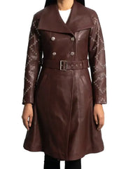Women’s Brown Leather Trench Coat with Belted Waist and Studded Sleeves