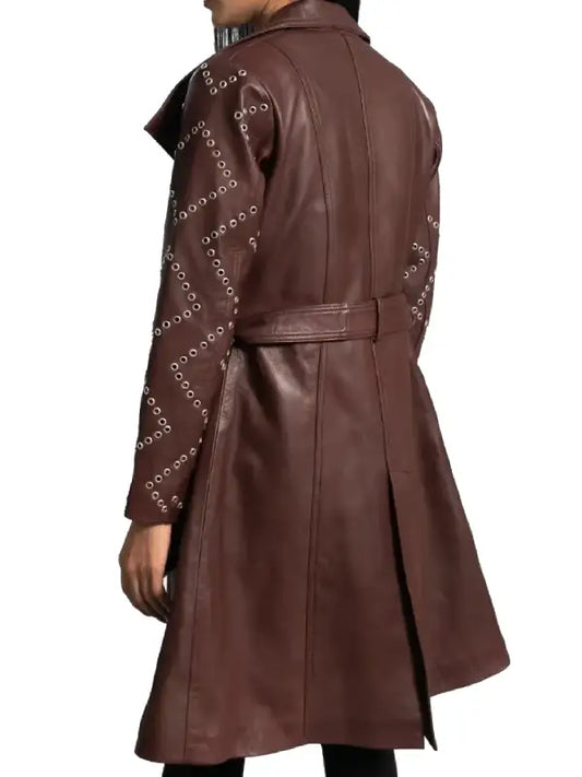 Women’s Brown Leather Trench Coat with Belted Waist and Studded Sleeves