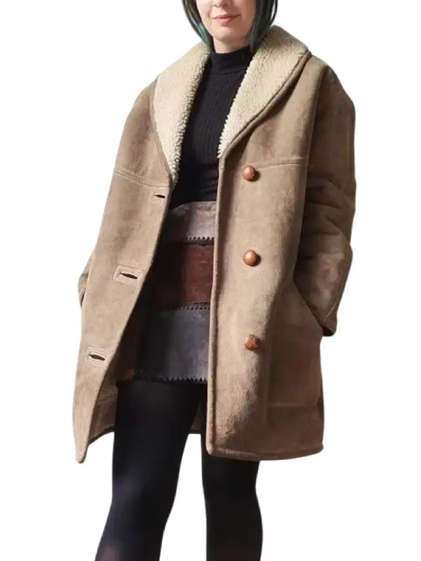 Women’s Brown Shearling Suede Coat | Cozy Mid-Length Winter Jacket
