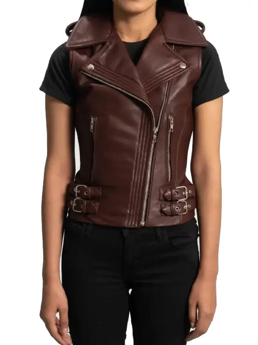 Women’s Maroon Leather Biker Vest with Asymmetrical Zip & Buckle Detail