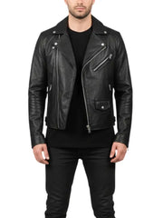 Men’s Black Real Leather Biker Jacket with Multicolor Skull Back Print