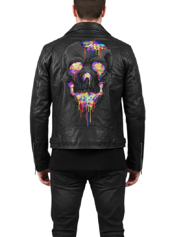 Men’s Black Real Leather Biker Jacket with Multicolor Skull Back Print