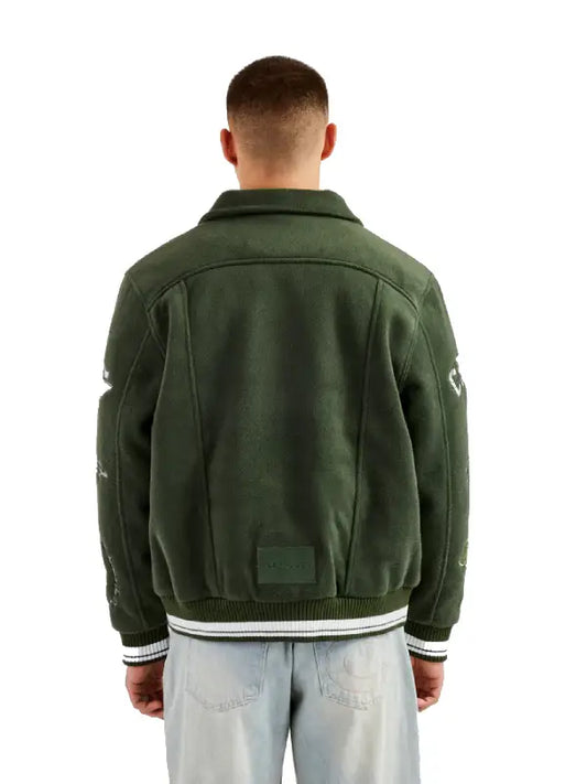Men’s Dark Green Varsity Jacket with Embroidered Patches