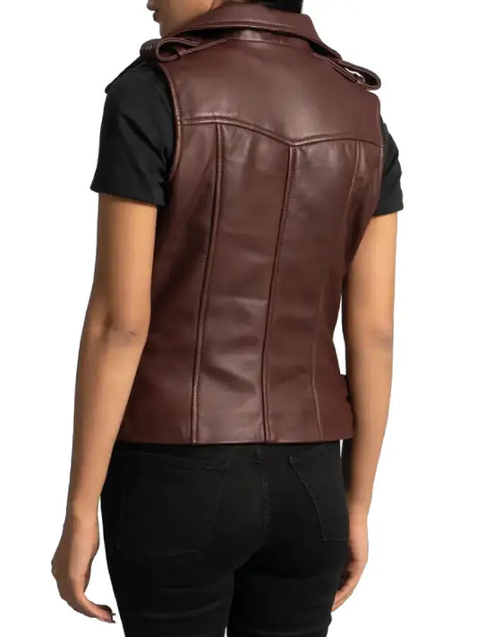 Women’s Maroon Leather Biker Vest with Asymmetrical Zip & Buckle Detail