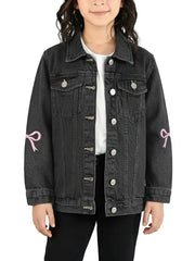 Girls Black Denim Jacket with Pink Bow Sleeve Detail