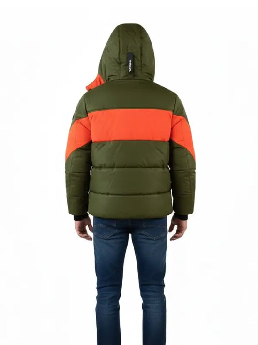 Men’s Olive Green Hooded Puffer Jacket with Orange Contrast Panels
