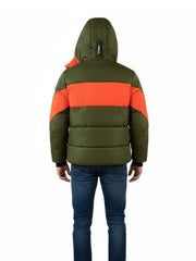 Men’s Olive Green Hooded Puffer Jacket with Orange Contrast Panels
