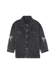 Girls Black Denim Jacket with Pink Bow Sleeve Detail