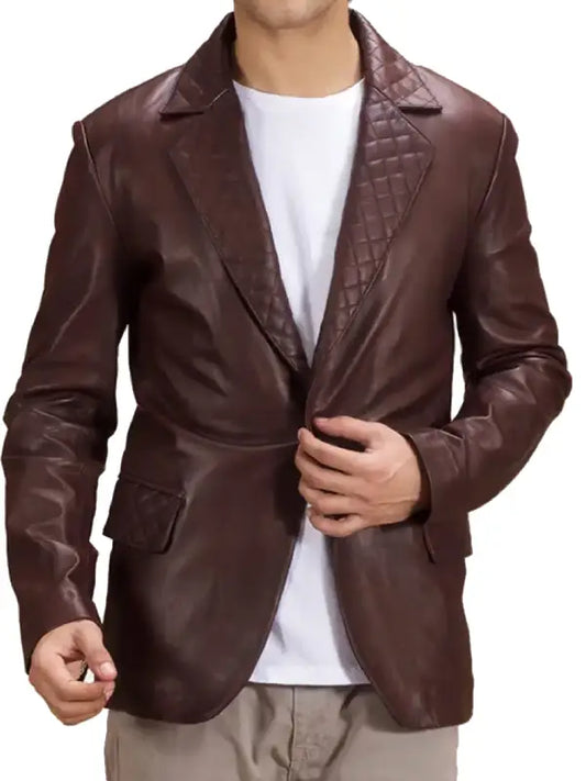 Men’s Quilted Maroon Leather Blazer Jacket