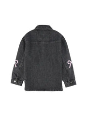 Girls Black Denim Jacket with Pink Bow Sleeve Detail