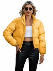 Women’s Yellow Cropped Puffer Jacket with Stand Collar