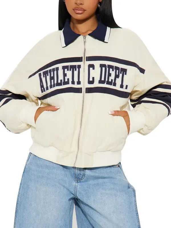 Women’s Cream Varsity Jacket with Athletic Lettering and Zip Front