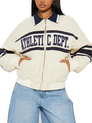 Women’s Cream Varsity Jacket with Athletic Lettering and Zip Front