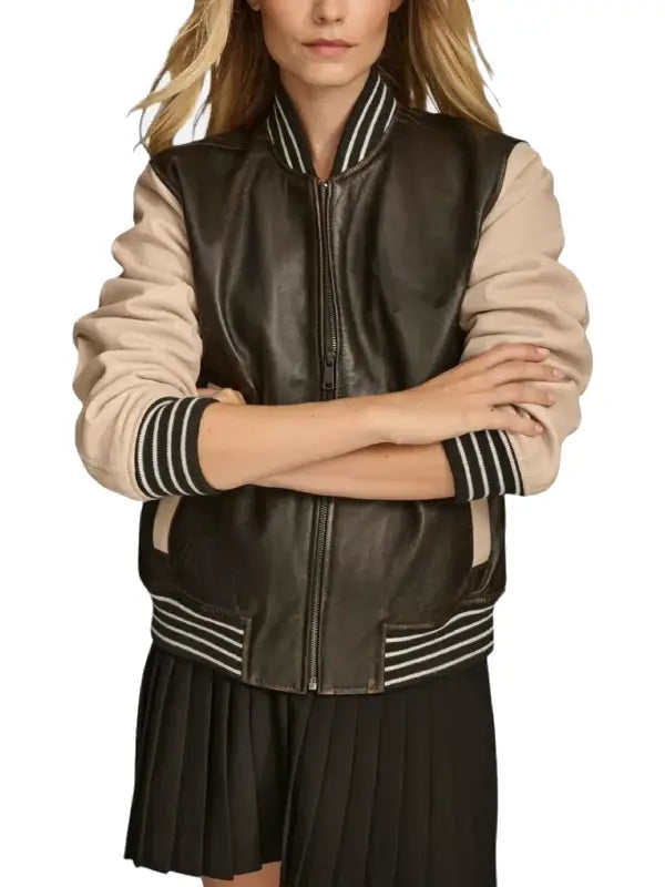 Women’s Two Tone Brown and Beige Leather Varsity Jacket