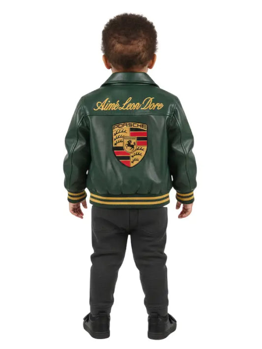 Kids Green Leather Racing Jacket with Porsche Style Patches
