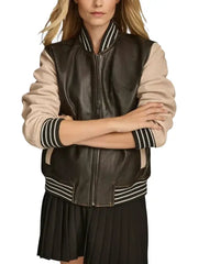 Women’s Two Tone Brown and Beige Leather Varsity Jacket