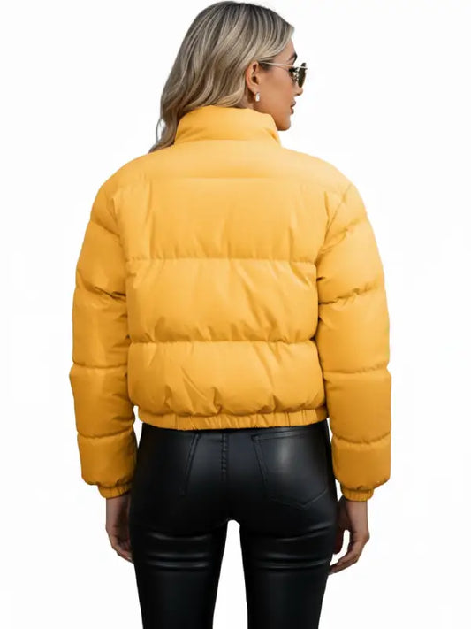 Women’s Yellow Cropped Puffer Jacket with Stand Collar