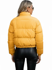 Women’s Yellow Cropped Puffer Jacket with Stand Collar