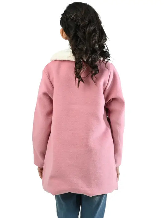 Girls Pink Winter Coat with Faux Fur Collar – Warm Button Front Kids Jacket