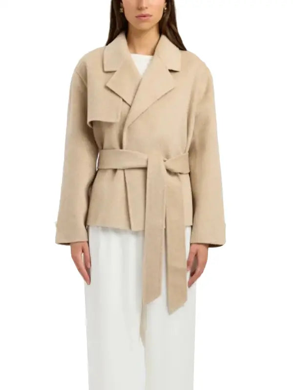 Women’s Beige Belted Wool Jacket with Notched Lapel Collar