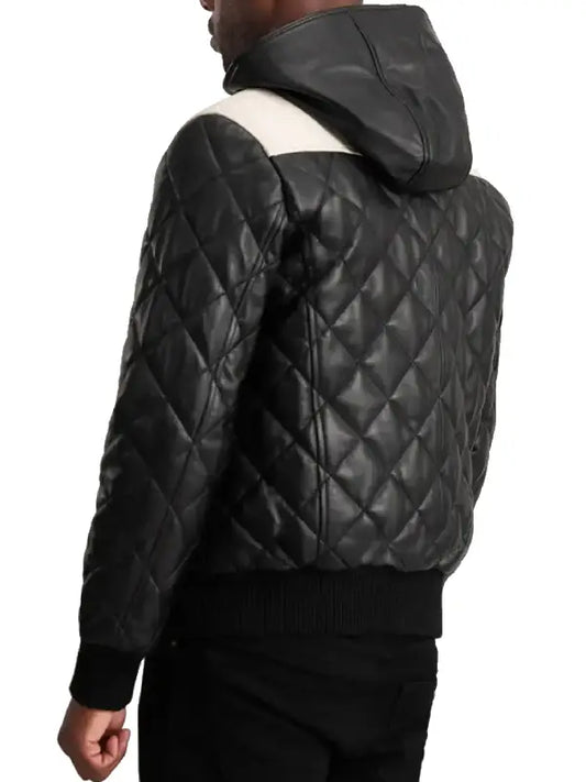 Men’s Black Quilted Leather Hooded Jacket with White Panel