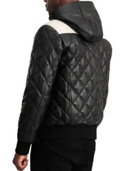 Men’s Black Quilted Leather Hooded Jacket with White Panel
