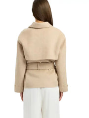 Women’s Beige Belted Wool Jacket with Notched Lapel Collar