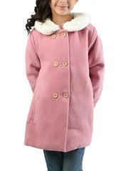 Girls Pink Winter Coat with Faux Fur Collar – Warm Button Front Kids Jacket