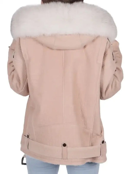 Women’s Blush Pink Shearling Hooded Leather Jacket with Faux Fur Collar