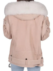 Women’s Blush Pink Shearling Hooded Leather Jacket with Faux Fur Collar