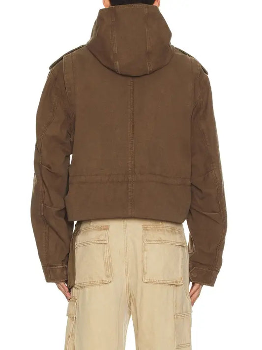Men’s Brown Cropped Hooded Utility Jacket with Button Closure