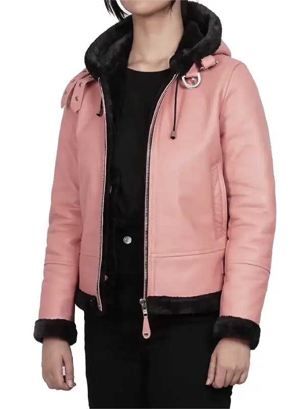 Women’s Pink Leather Hooded Shearling Jacket