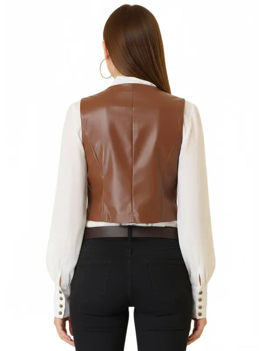 Women’s Brown Faux Leather Vest with Button Front, Tailored Fit