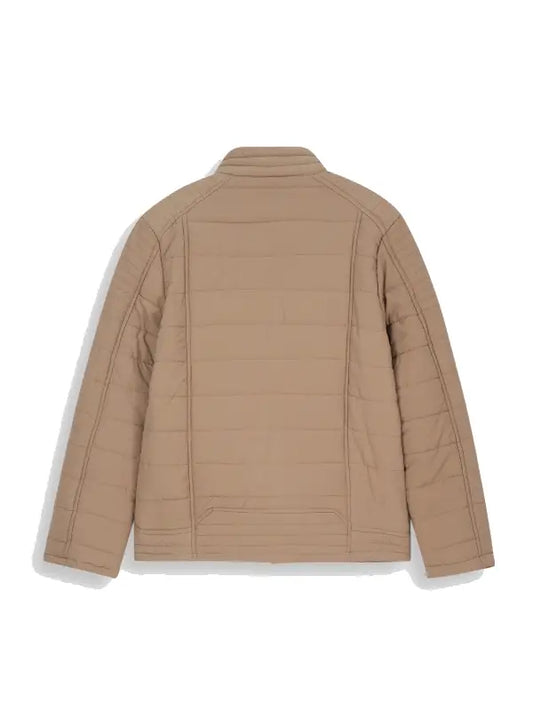 Beige Quilted Puffer Jacket with Stand Collar and Zip Closure