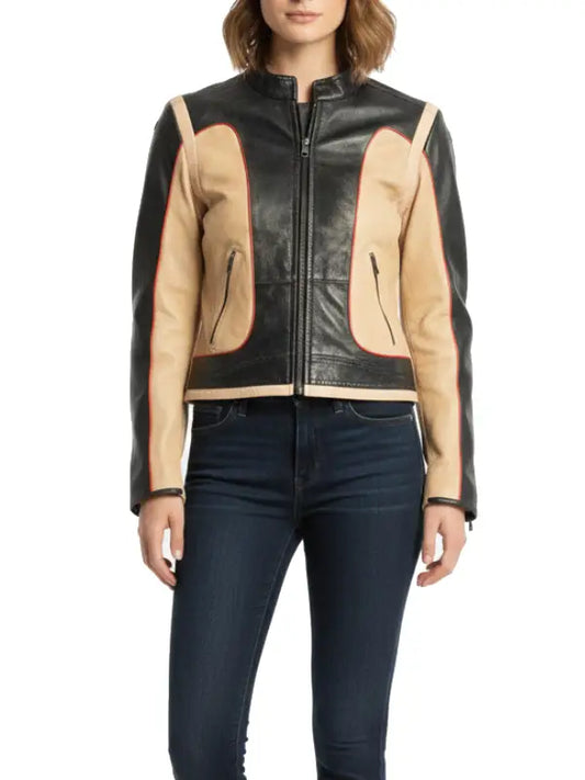 Women’s Black and Beige Genuine Leather Jacket with Red Piping by The Leather Jackets